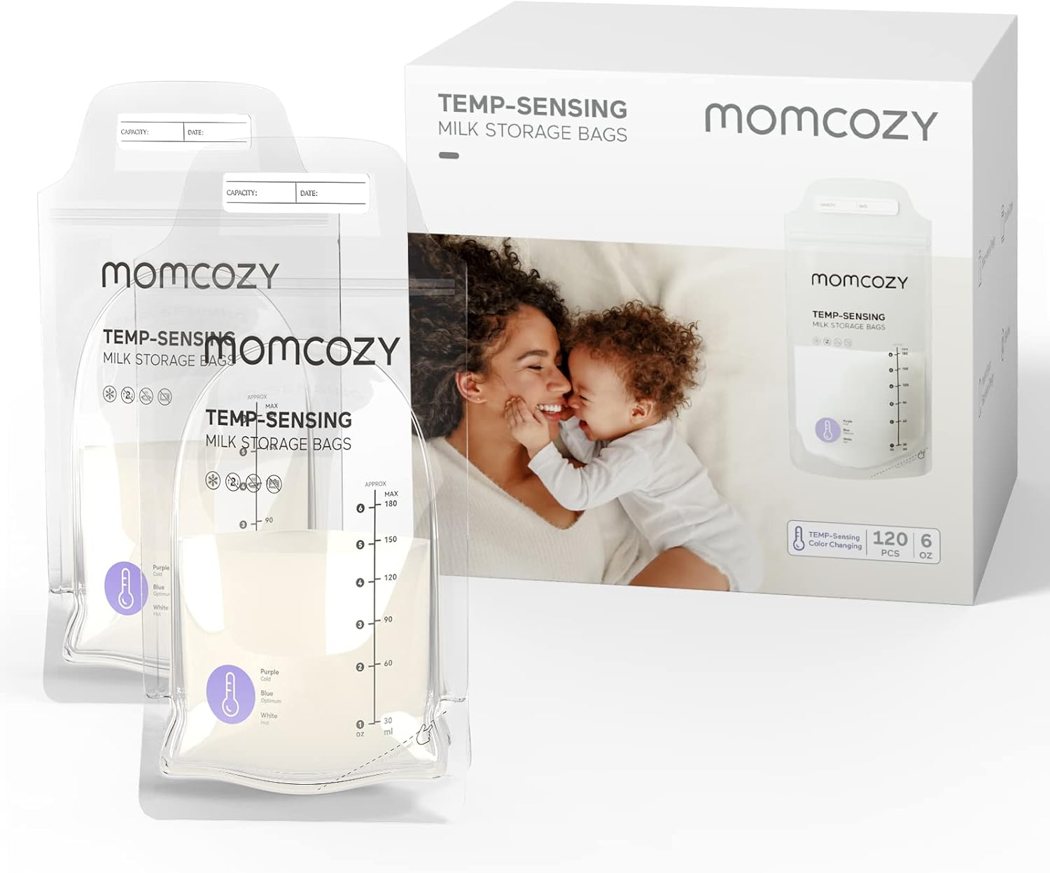 momcozy Storage Bags 120 PCS (6oz) with temp-sensing discoloration breastmilk storage pouches