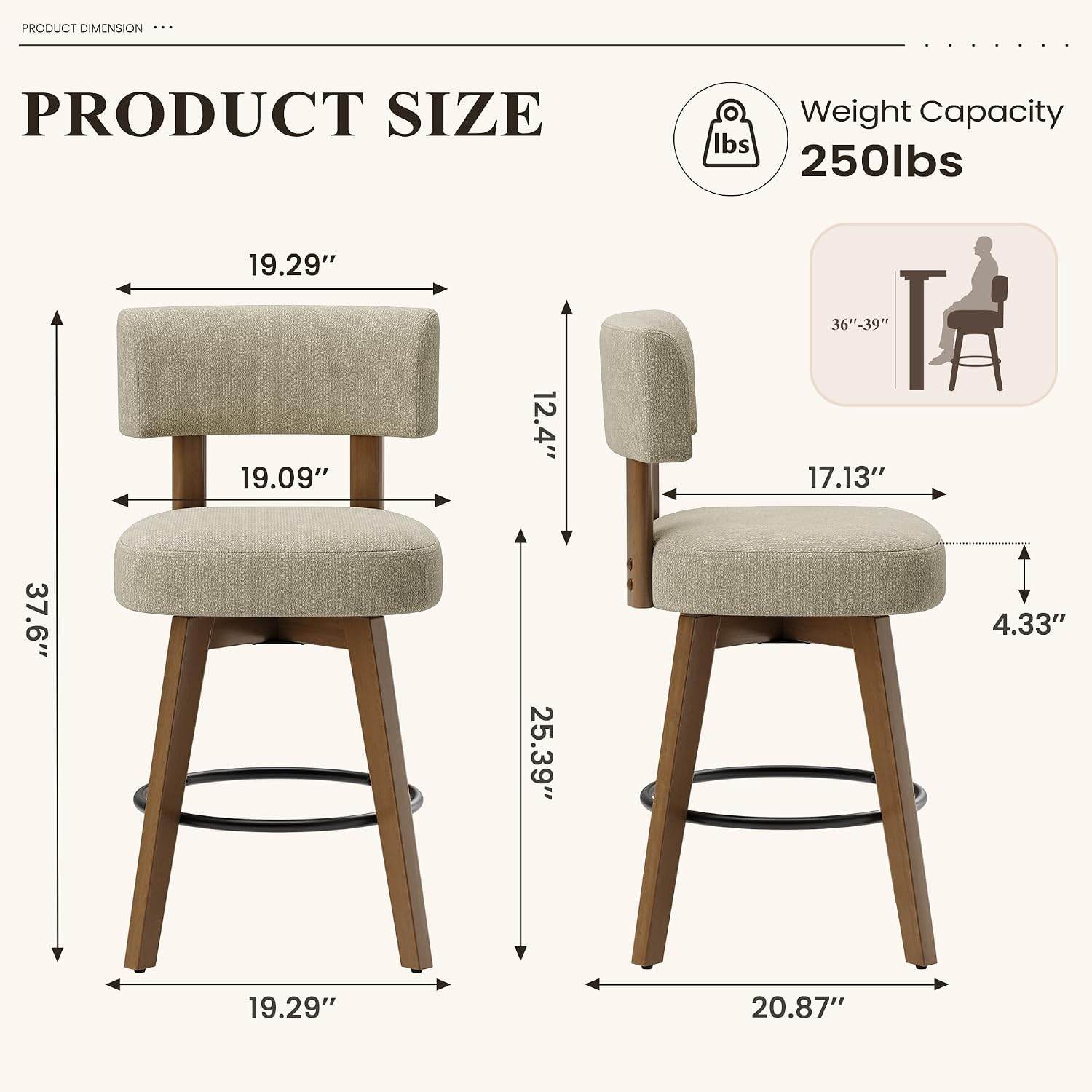 Thumbnail 1 de MALOL BSW37 Swivel Bar Stools, Set of 2, Camel Fabric, Solid Wood Legs