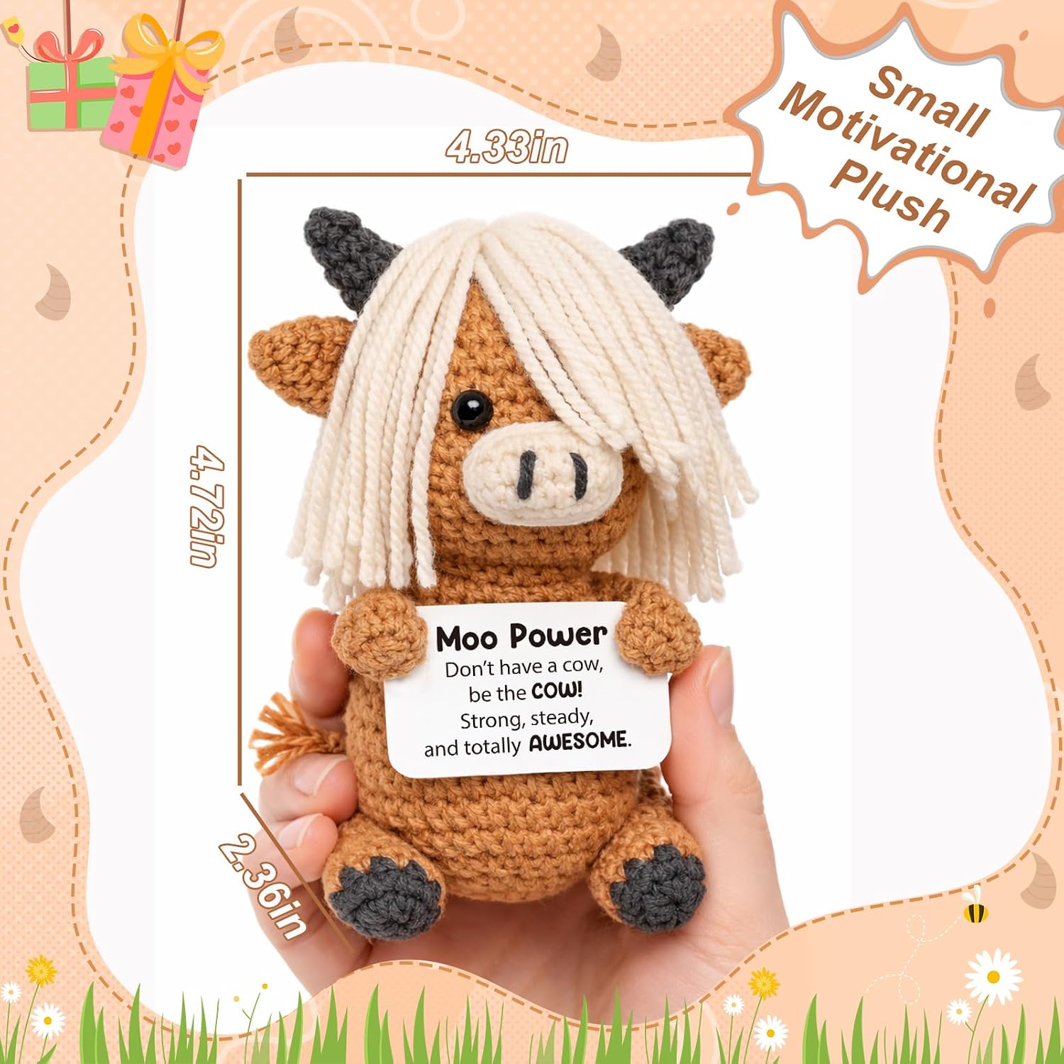 Detalle 2 de Frabaca GYN-005 Handmade Crochet Highland Cow with “Moo Power” Message