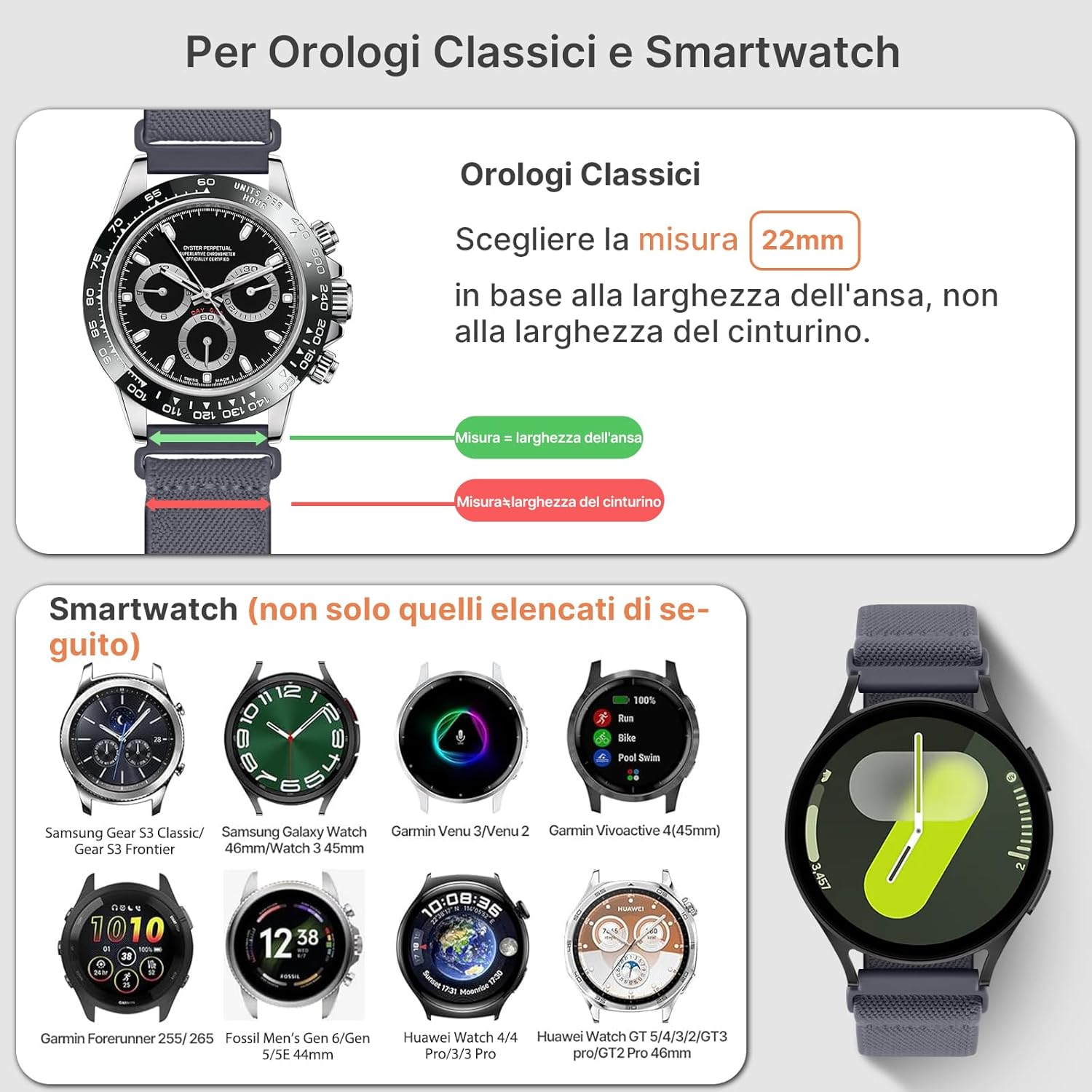 Thumbnail 3 de Fullmosa cinturino 22 mm impermeabile in nylon con sgancio rapido (4 pezzi elastici) per smartwatch