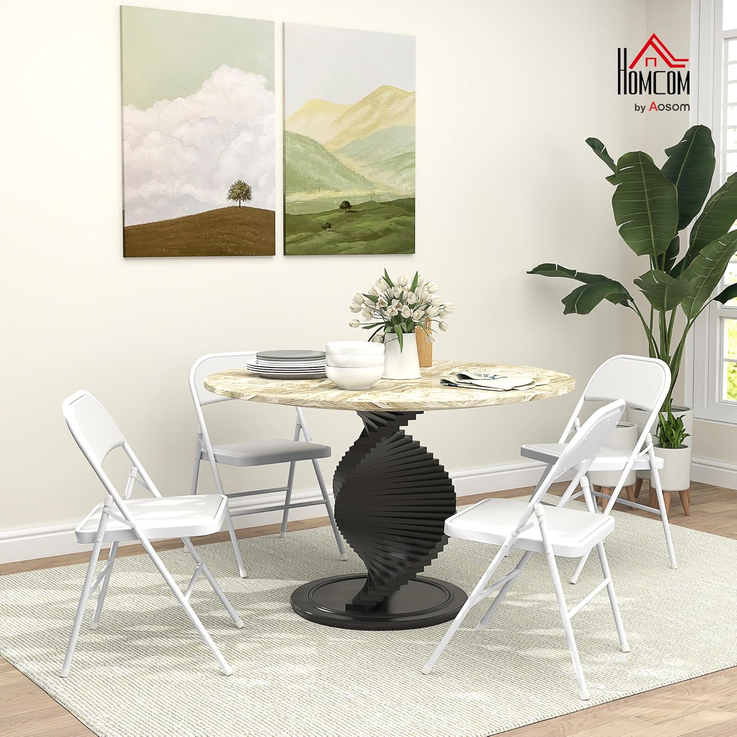 Detalle 2 de HOMCOM Lot de 4 chaises pliantes de salle à manger en acier, coussin synthétique – 45 x 46 x 78 cm, blanc