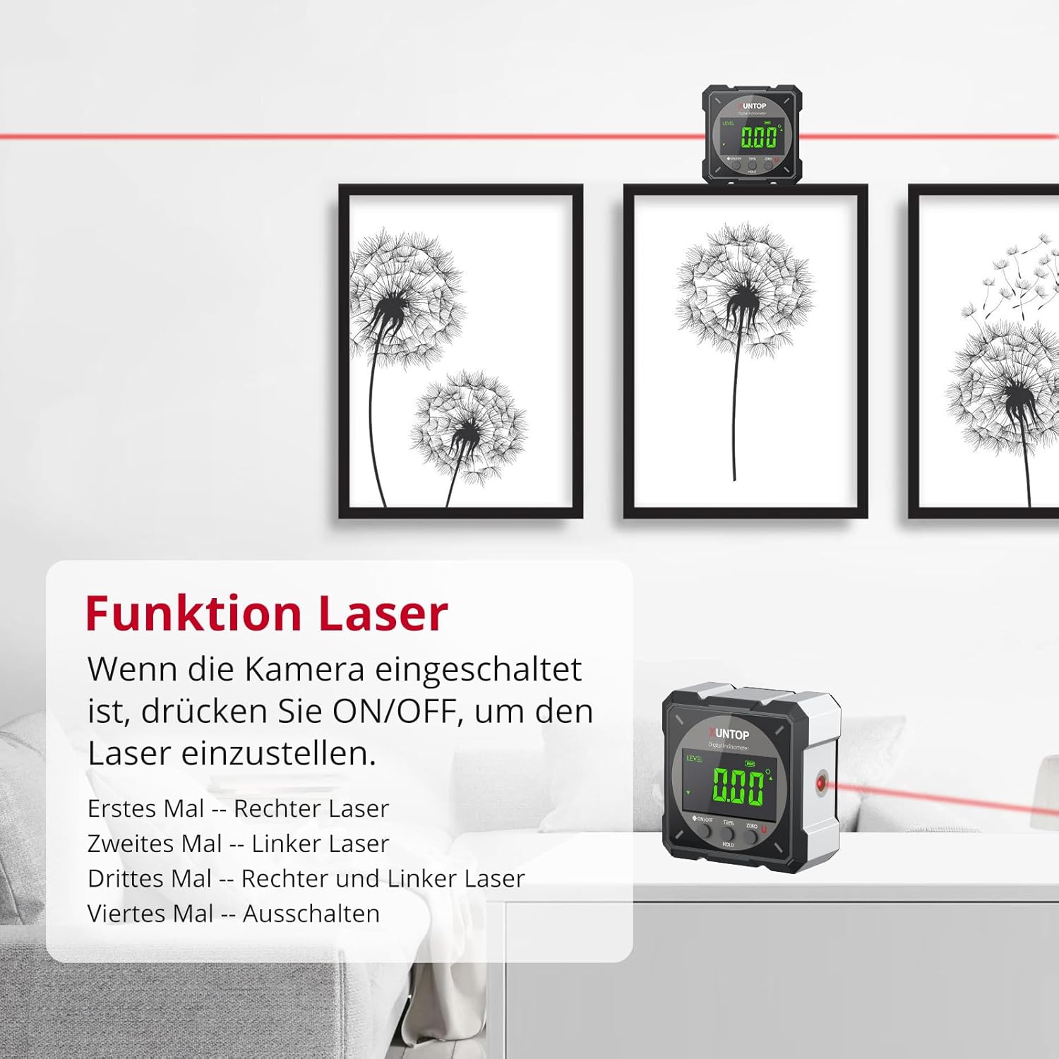 Thumbnail 2 de XUNTOP Digitaler Winkelmesser Neigungsmesser mit Laser-Wasserwaage und LCD-Display – IP54, magnetisch, USB-C