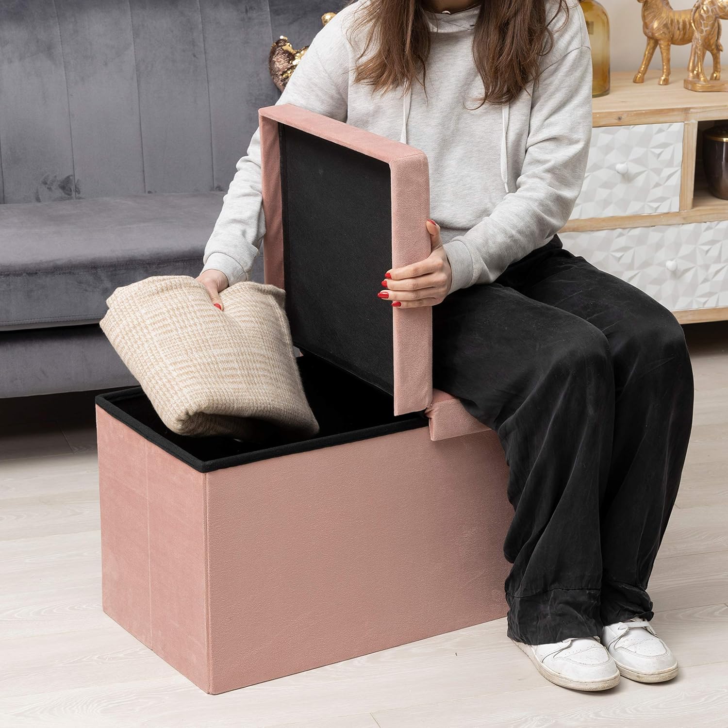 Thumbnail 4 de Baroni Home Cassapanca Pieghevole: pouf contenitore in velluto rosa cipria 76x38x38 cm