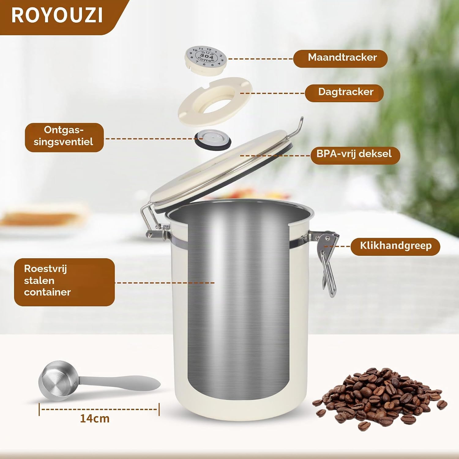 Detalle 2 de ACOMTUO luchtdichte koffiepot 1,8 liter van RVS met datumweergave en CO₂-ventiel