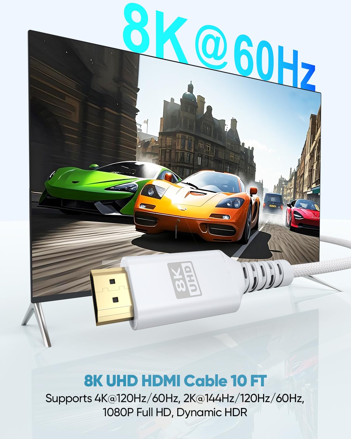 Thumbnail 1 de UVOOI 8K White HDMI Cable (10FT) HDMI 2.1 48Gbps with eARC, HDR10+, Dolby & HDCP 2.3