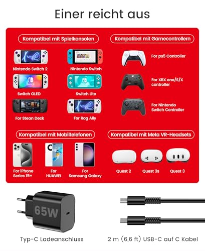Detalle de HELLCOOL 65W USB-C Ladegerät für Nintendo Switch 2 GaN3.0, 2m Kabel
