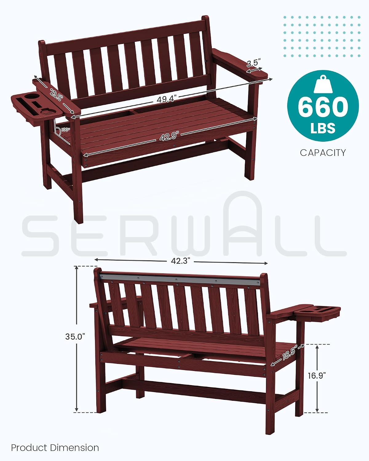 Detalle de SERWALL P041-227 HDPE Outdoor Bench, Red, Foldable Cup Holder