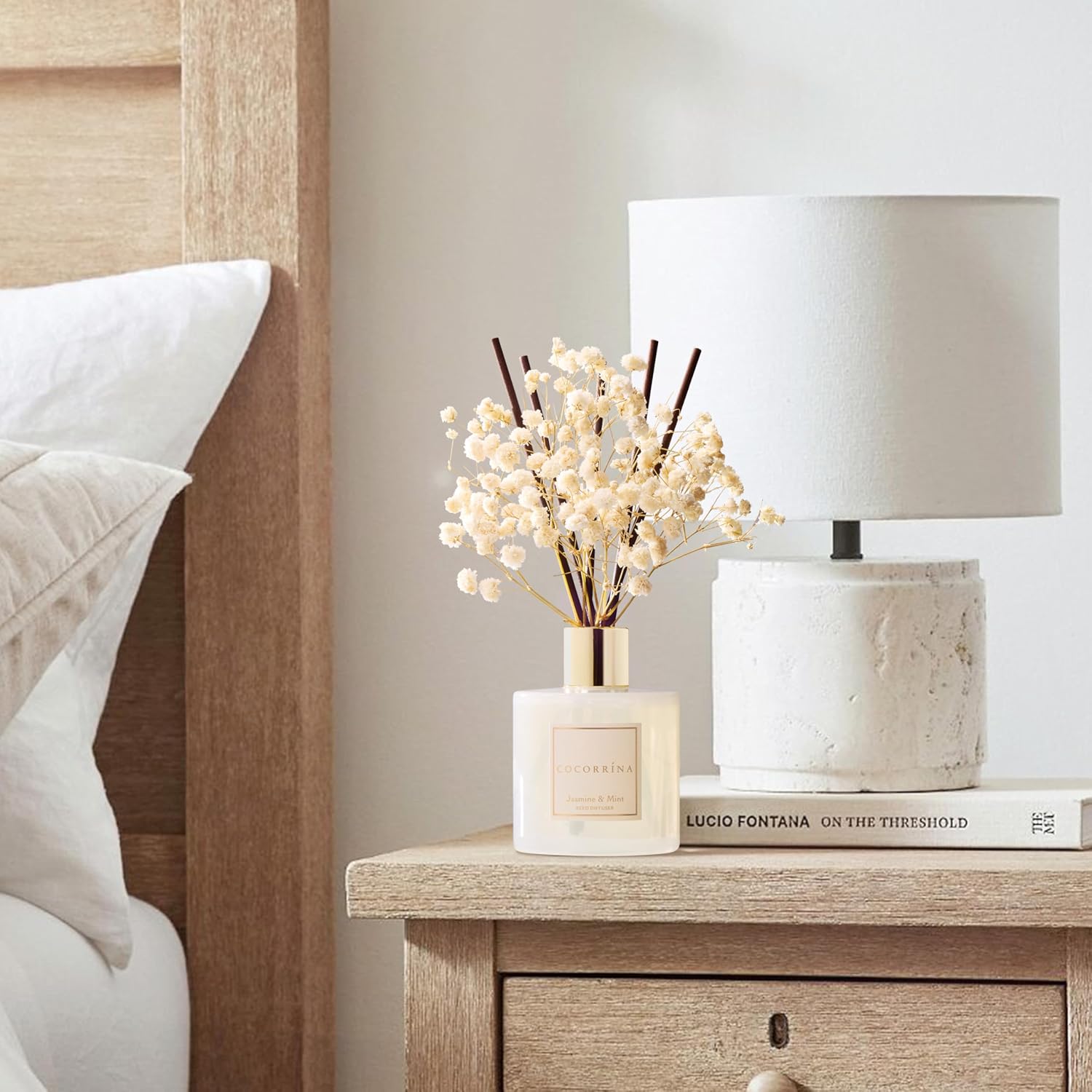 Detalle de COCORRÍNA Raumduft Reed Diffuser Jasmine & Mint 200 ml – langanhaltend, mit 8 Duftstäbchen