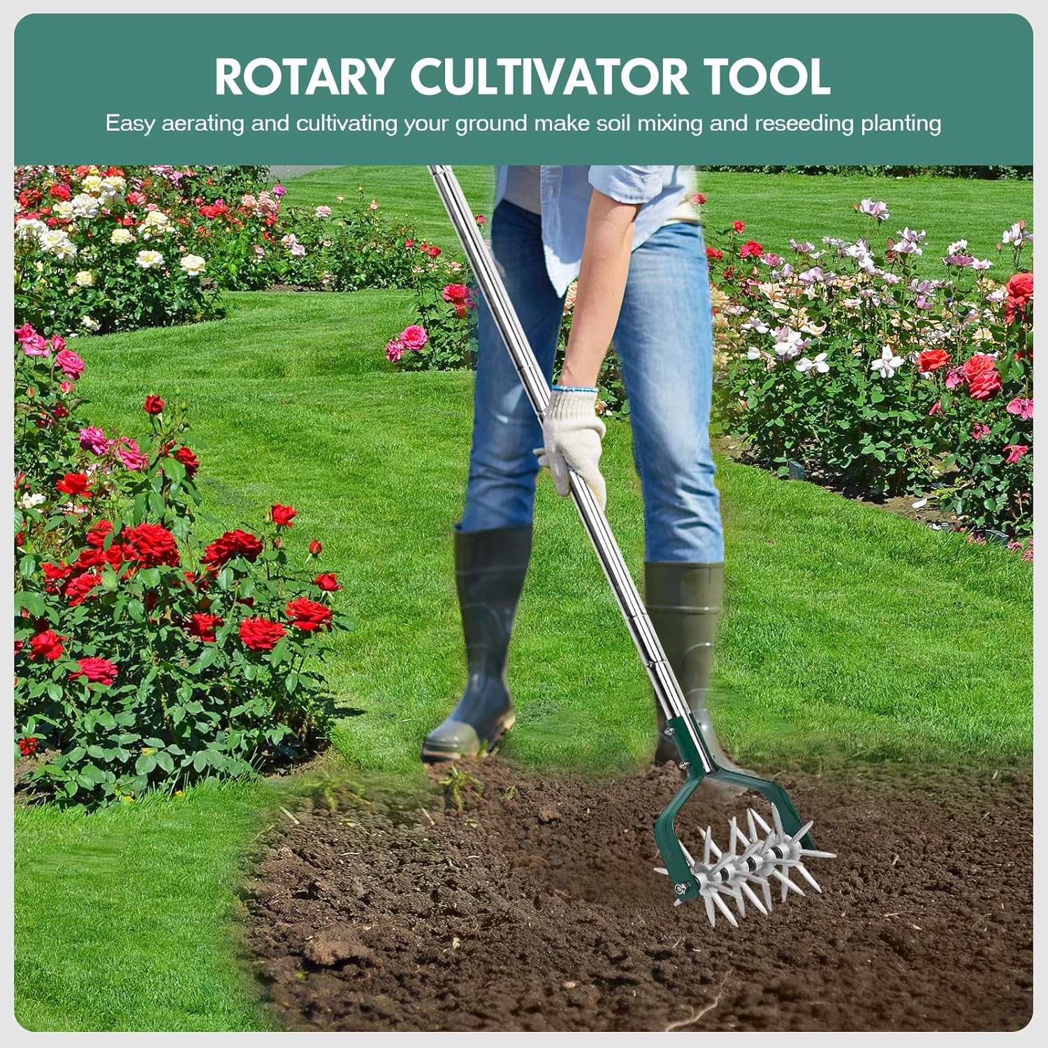 Thumbnail 1 de YEELOR Motoculteur de jardin avec manche réglable en acier inoxydable – pratique pour petits jardins