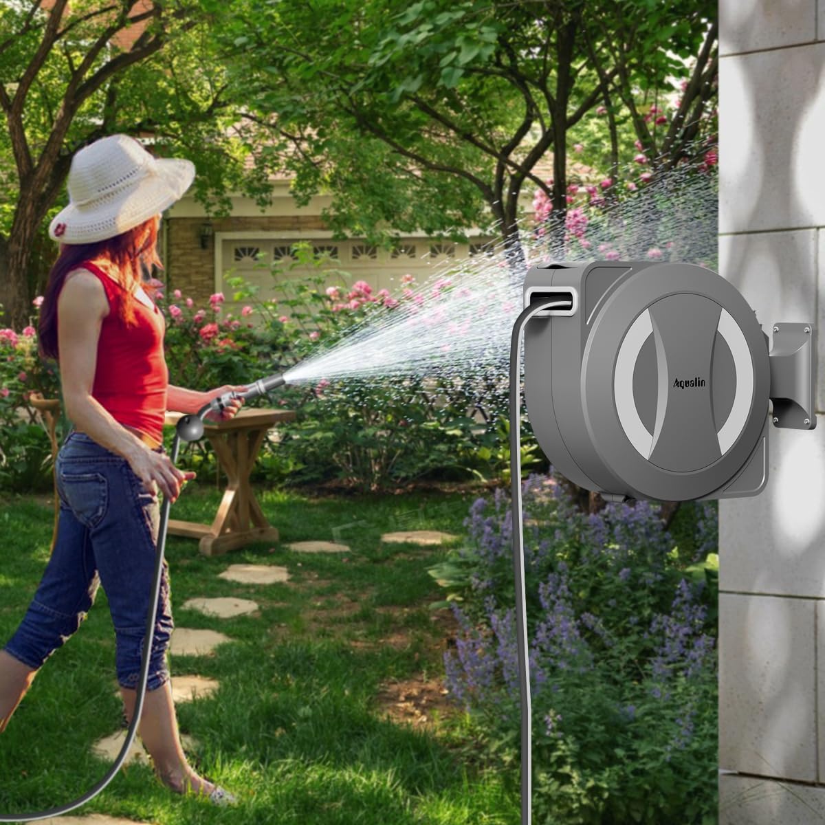 Thumbnail 5 de Aqualin Avvolgitubo Retrattile Elettrico a Batteria 30m+2m: Rotazione 180° e Auto-Lock per Giardino