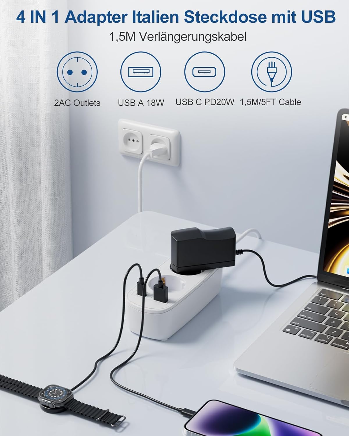 Thumbnail 1 de Adapter Italien Steckdose mit PD20W USB Schnellladegerät – 2-fach, USB-C PD 3.0 & USB-A QC 3.0, 1,5 m Kabel, Typ L