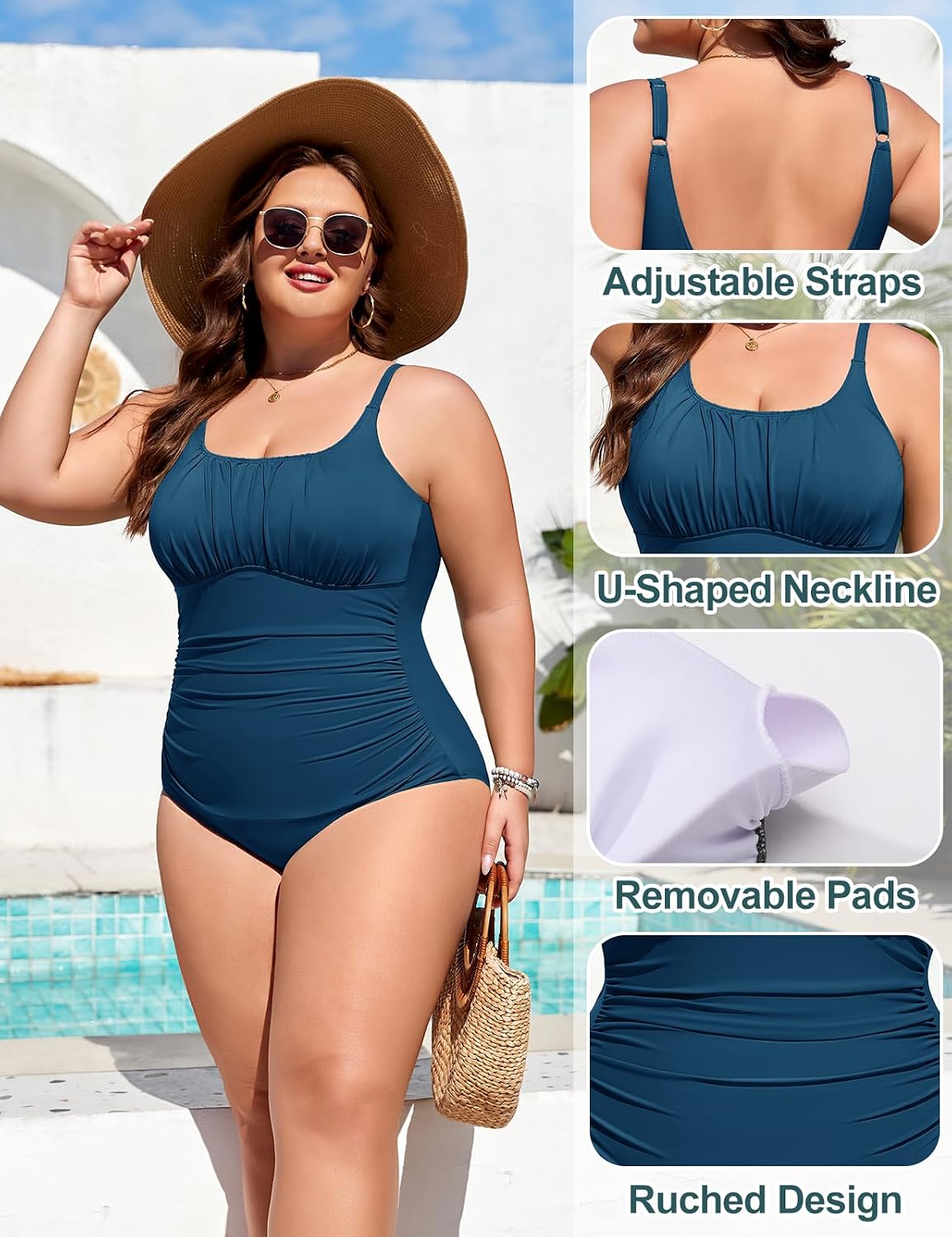 Detalle de Tuopuda Costume da Bagno Intero Donna Taglie Forti – Modello Push Up imbottito, scollo e design a lanterna