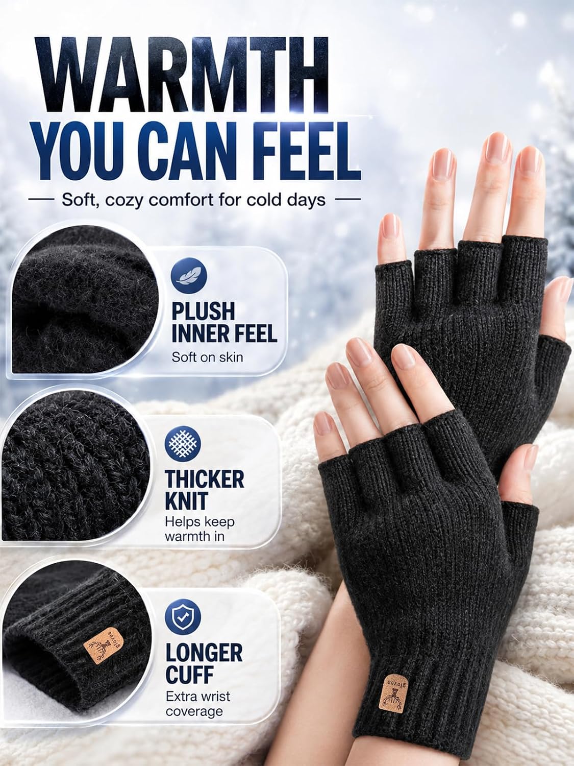 Detalle 2 de JUNRUI Fingerless Winter Gloves, 2-Pair Black Knit Set with Fleece Lining