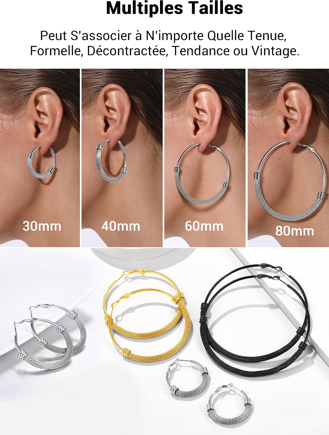 Thumbnail 6 de PROSTEEL Créoles Acier Inoxydable 40 mm avec Mallas – Anneaux à Maillons (Or 18k / Noir) pour Femme