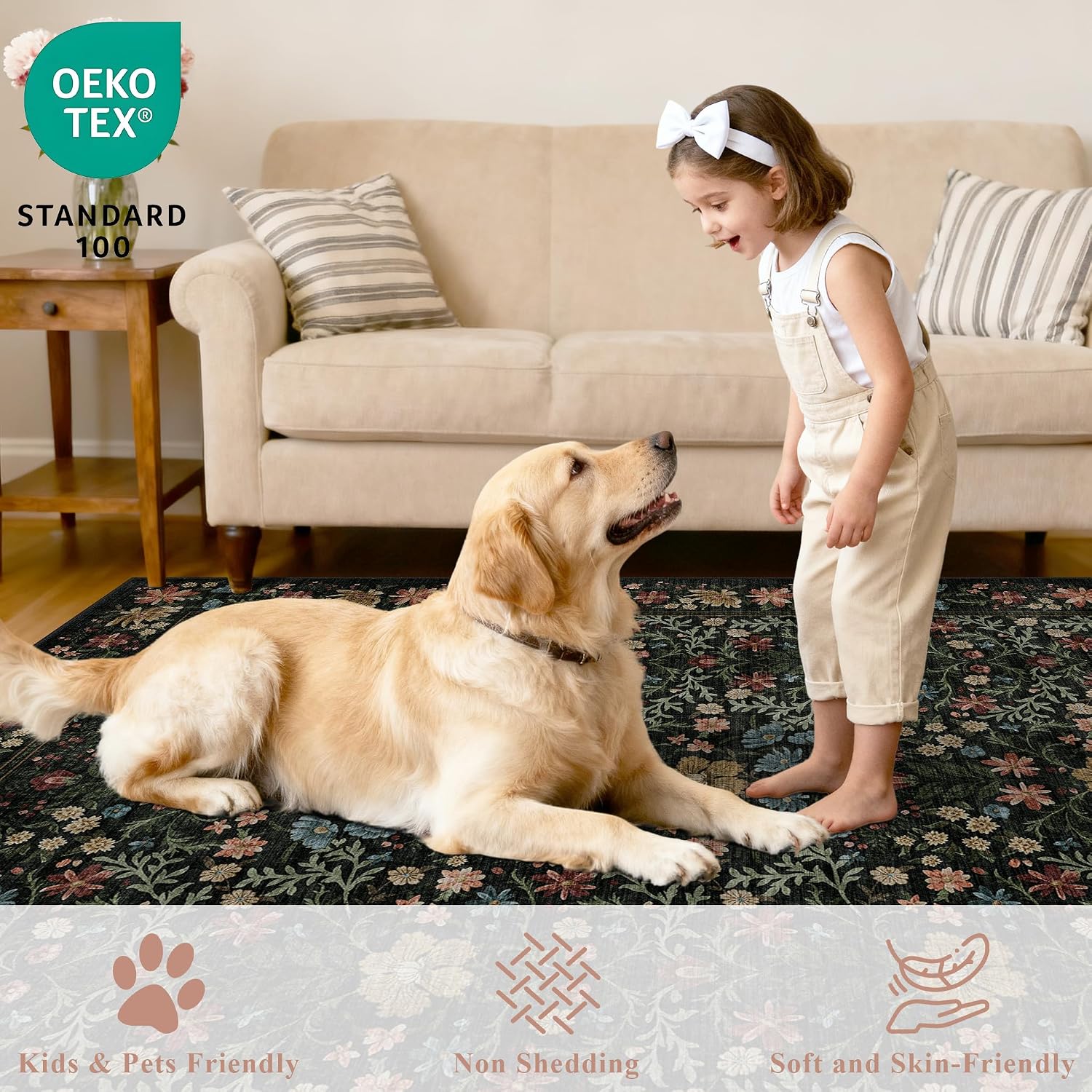 Detalle de DUKINO 9x12 Vintage Floral Area Rug for Living Room