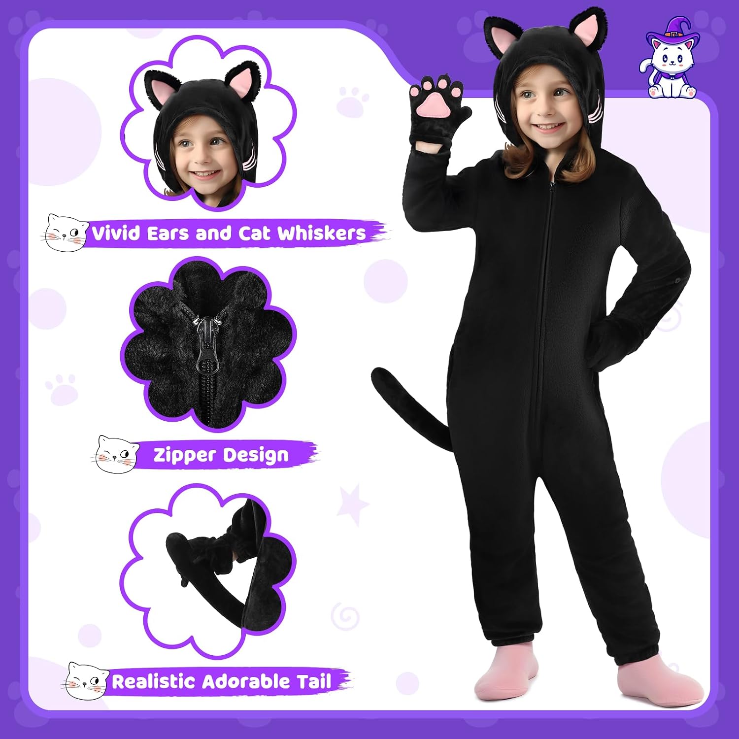Detalle 2 de GiftInTheBox Black Cat Costume for Kids, Polyester Hooded Onesie with Tail and Gloves