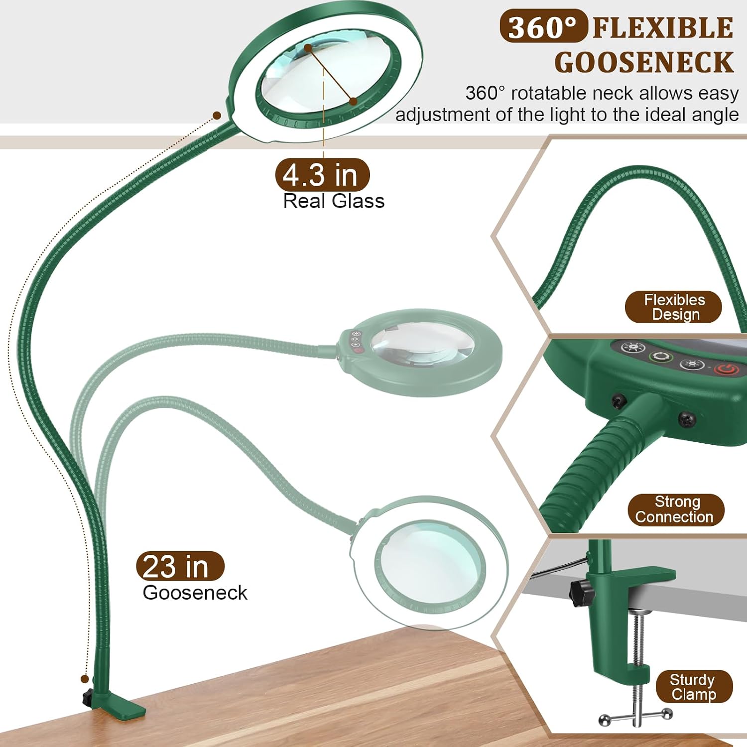 Thumbnail 4 de Veemagni 12X Real Glass Magnifying Glass with Light – Flexible Gooseneck LED Desk Lamp with Clamp