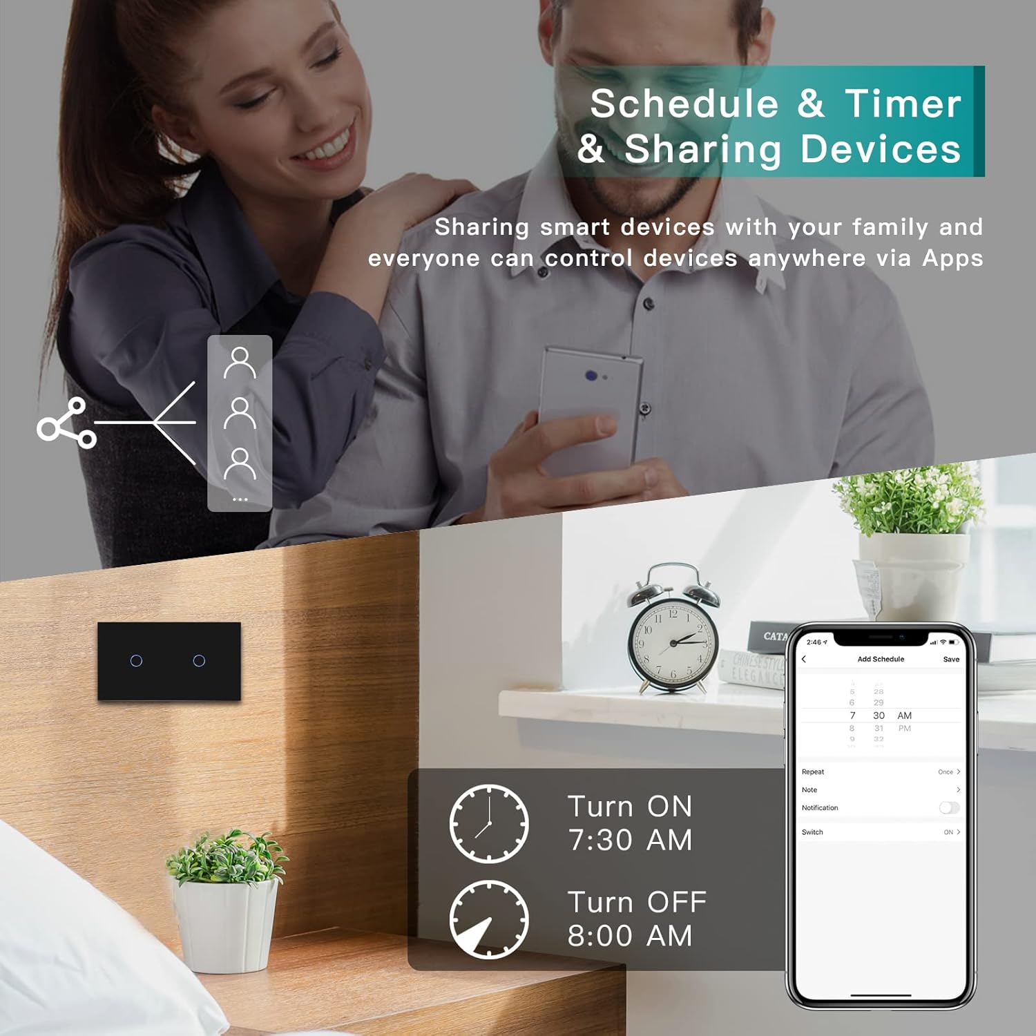 Thumbnail 1 de BSEED Doppelschalter Smart Alexa Lichtschalter aus Glas (WiFi, Touch) – 1 Fach/1 Weg, Neutralleiter erforderlich