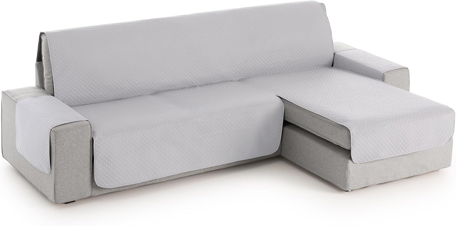 Detalle de Textilhome Copridivano angolare 3 posti con penisola Destro Adele – Trapuntato reversibile Grigio Chiaro