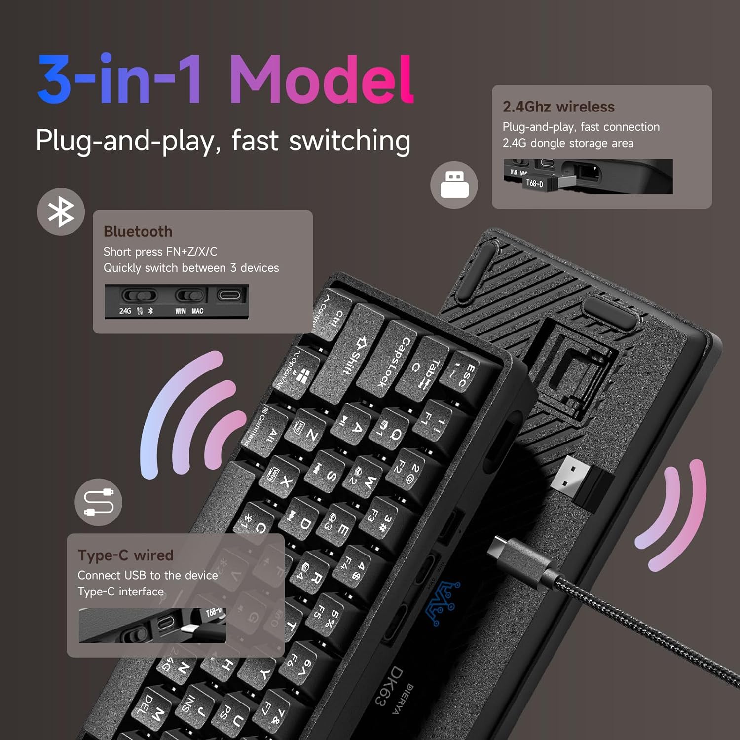 Thumbnail 3 de Dierya DK63 Clavier gamer sans fil 60% mécanique à 63 touches (Bluetooth/2,4 GHz/USB‑C) avec rétroéclairage RGB