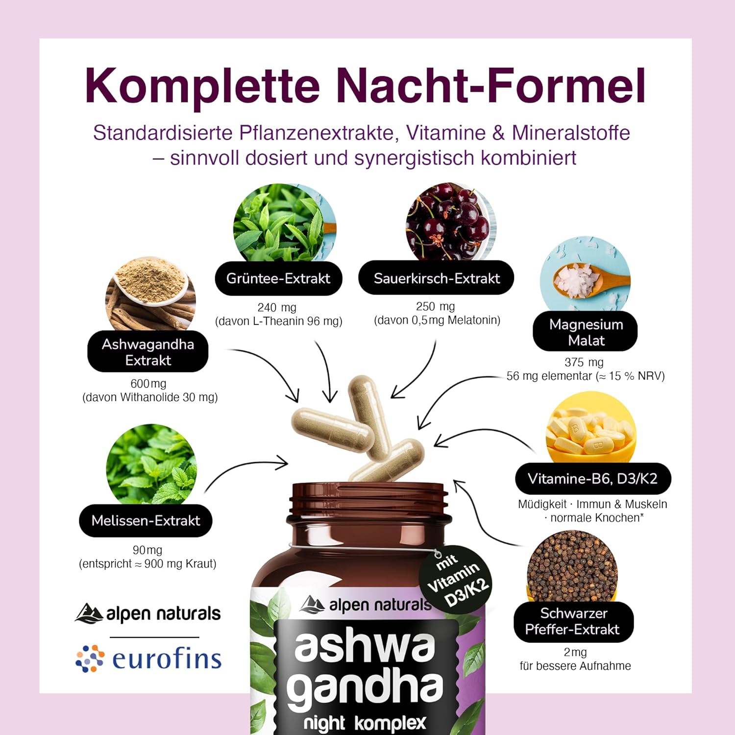 Thumbnail 1 de Ashwagandha Night Komplex – 120 vegane Kapseln mit natürlichem Melatonin, Magnesium & Vitaminen (Made in Germany, laborgeprüft)