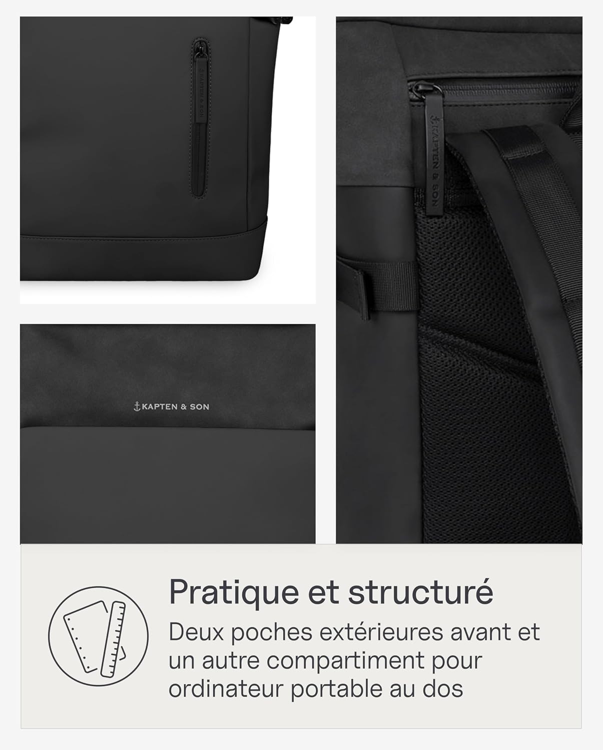 Detalle de Kapten & Son Aarhus All Black – sac à dos rolltop 14 L avec compartiment ordinateur 14