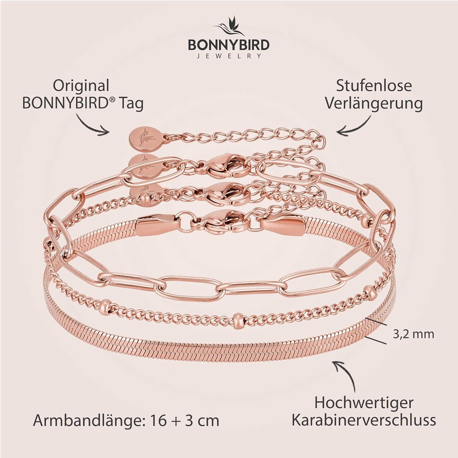 Detalle de BONNYBIRD Premium Edelstahl-Armband-Set Damen „BonnyShine“ in Silber, Gold & Roségold – 100% wasserfest