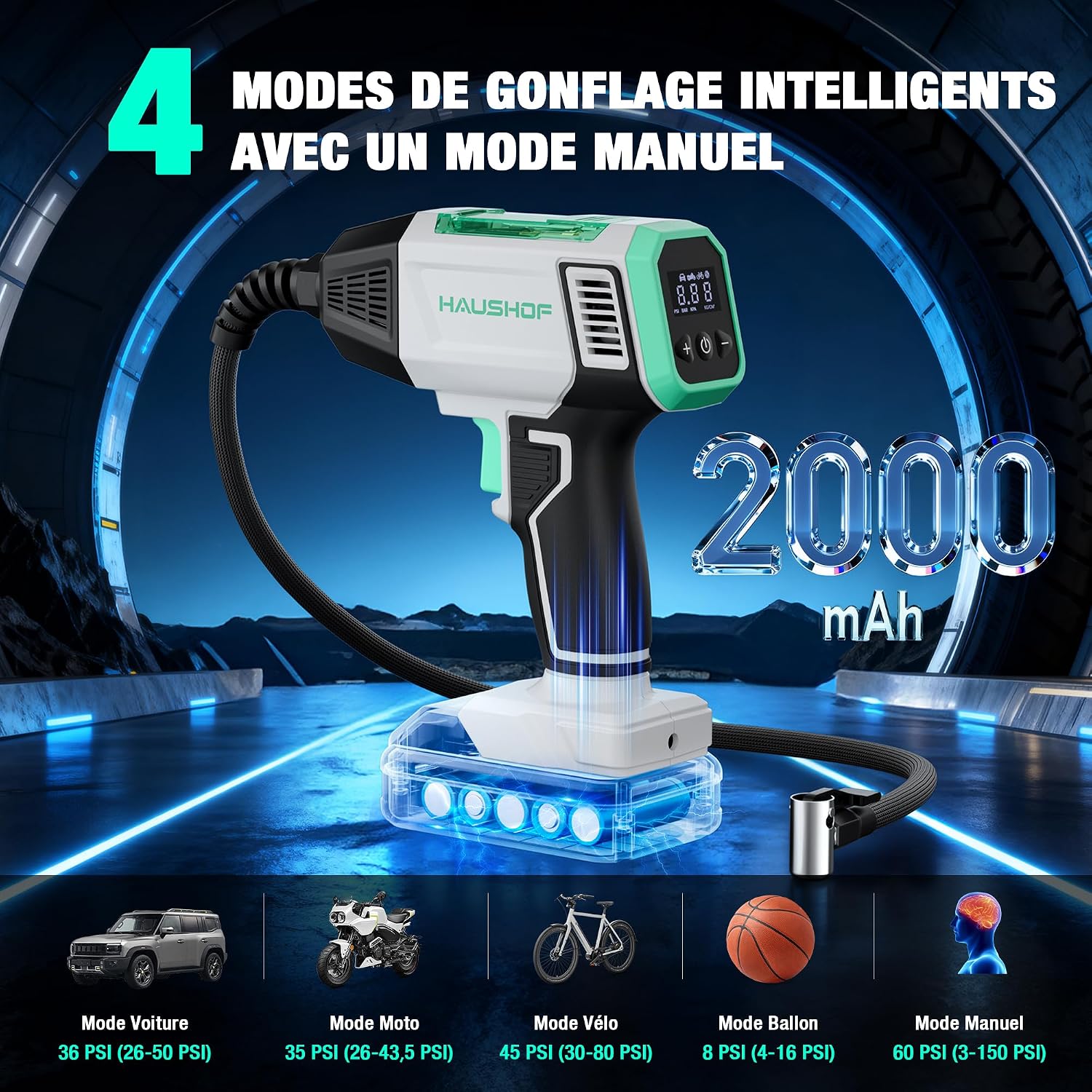 Detalle 2 de HAUSHOF Gonfleur électrique sans fil 150 PSI pour voiture