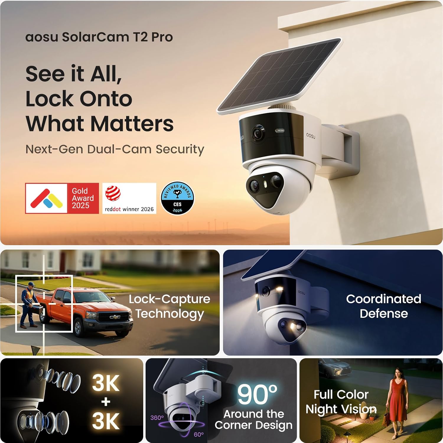 Thumbnail 1 de aosu T2 Pro Security Cameras Wireless Outdoor — Dual Cam with 3K Night Vision, Solar Power, Local Storage