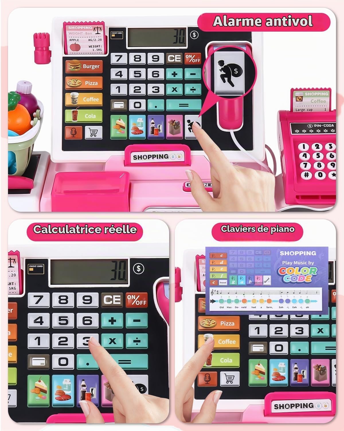 Detalle de heuchaey 818-398M speelgoedkassa met rekenmachine, scanner en supermarktaccessoires