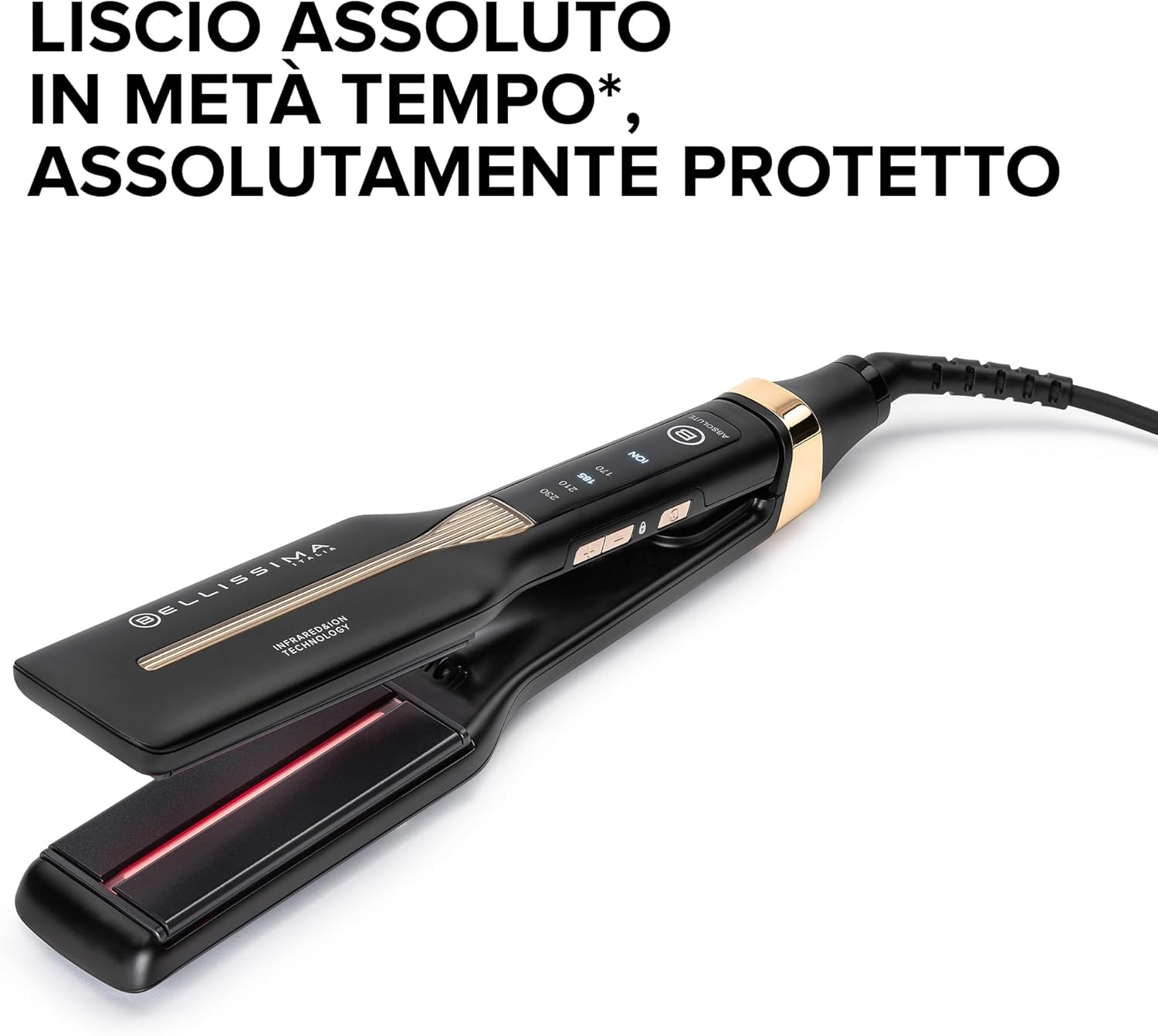 Detalle de Bellissima Imetec Absolute: piastra professionale 4XL con infrarossi, ioni e controllo del calore