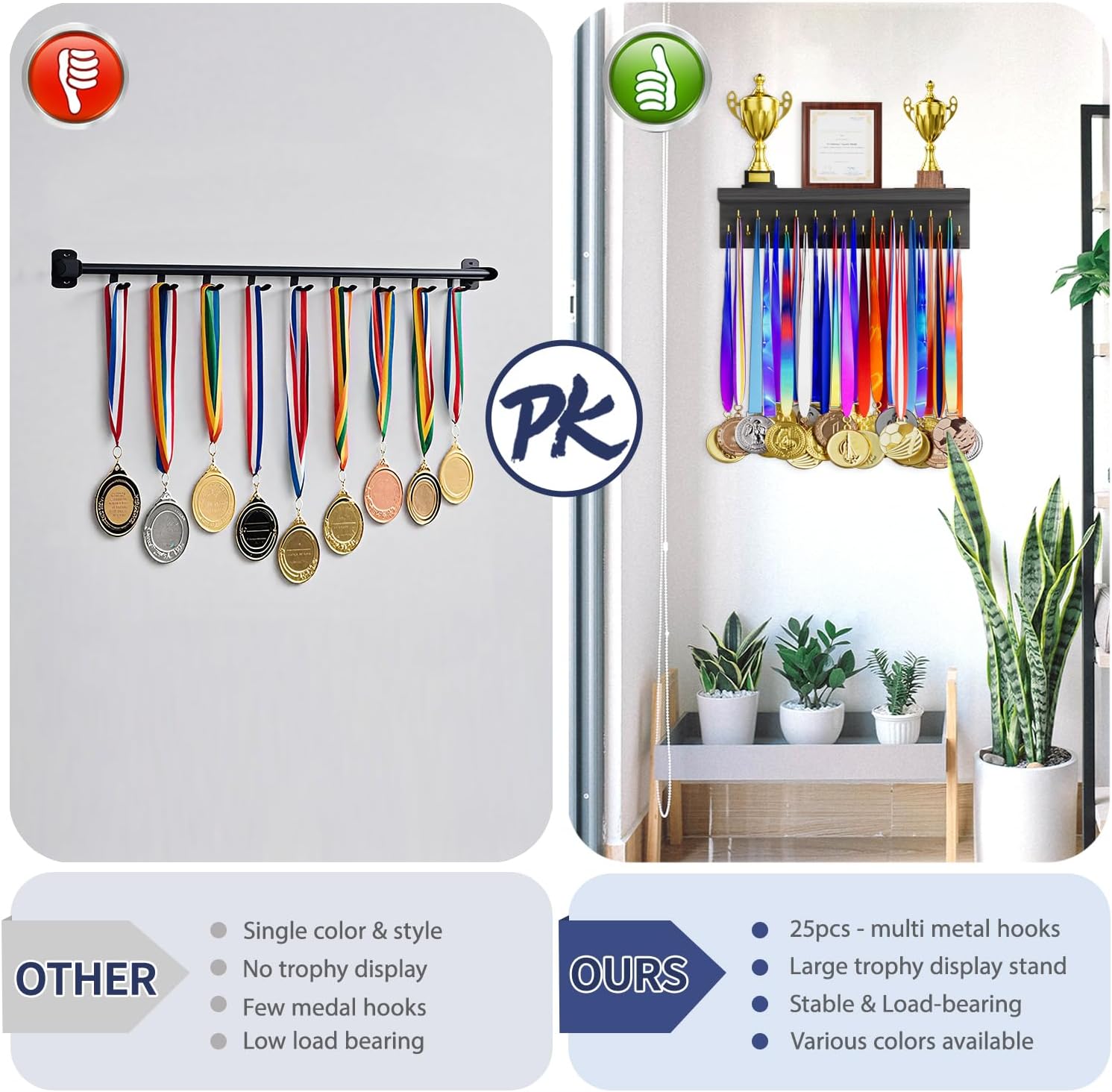 Thumbnail 6 de DSVENROLY Medal Hanger Wooden Display Shelf with 25 Steel Hooks
