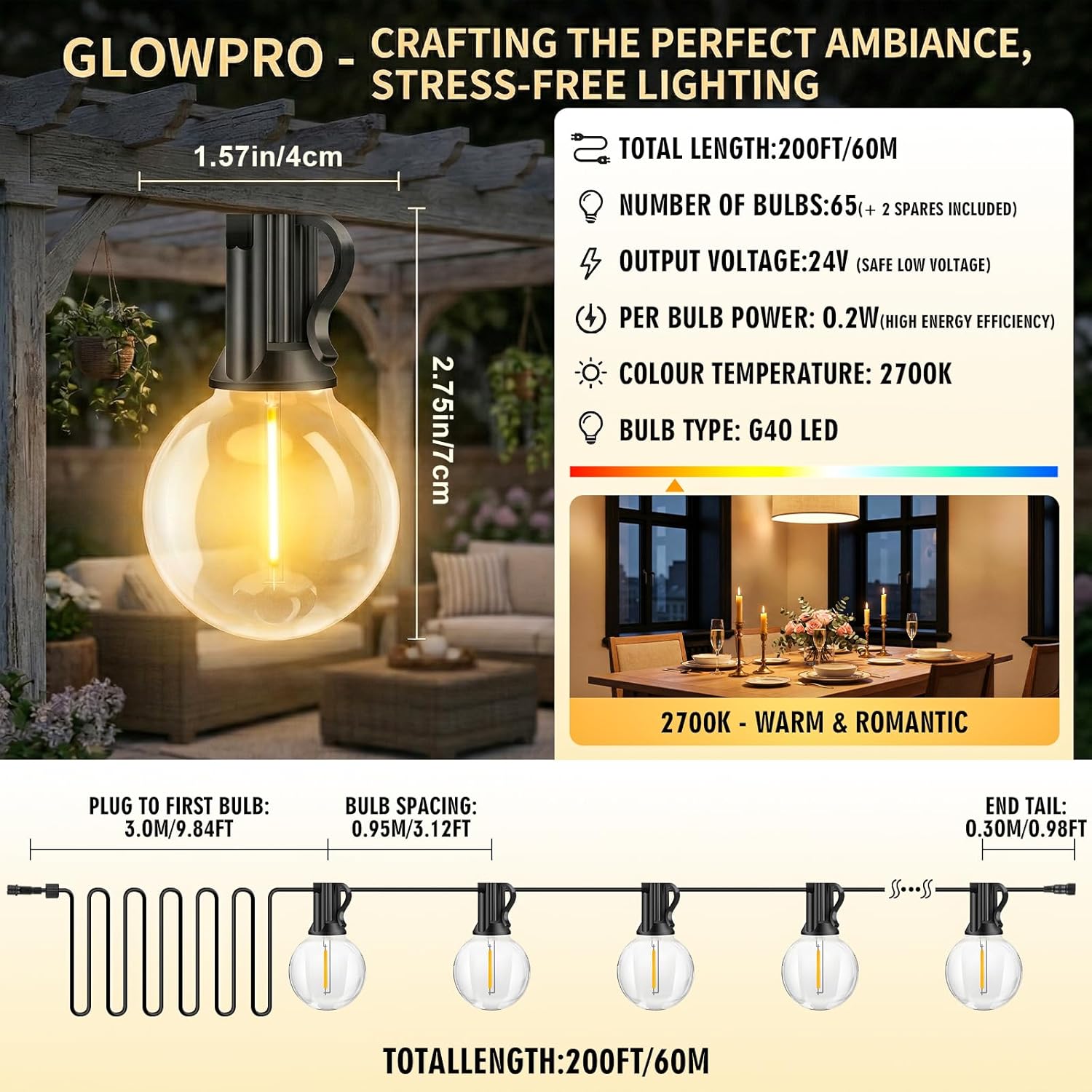 Thumbnail 2 de Outdoor String Lights Mains Powered - G40 Garden Festoon Lights 60m, 72 Shatterproof LED Bulbs with Remote, 3 Modes, Timers & Dimmable