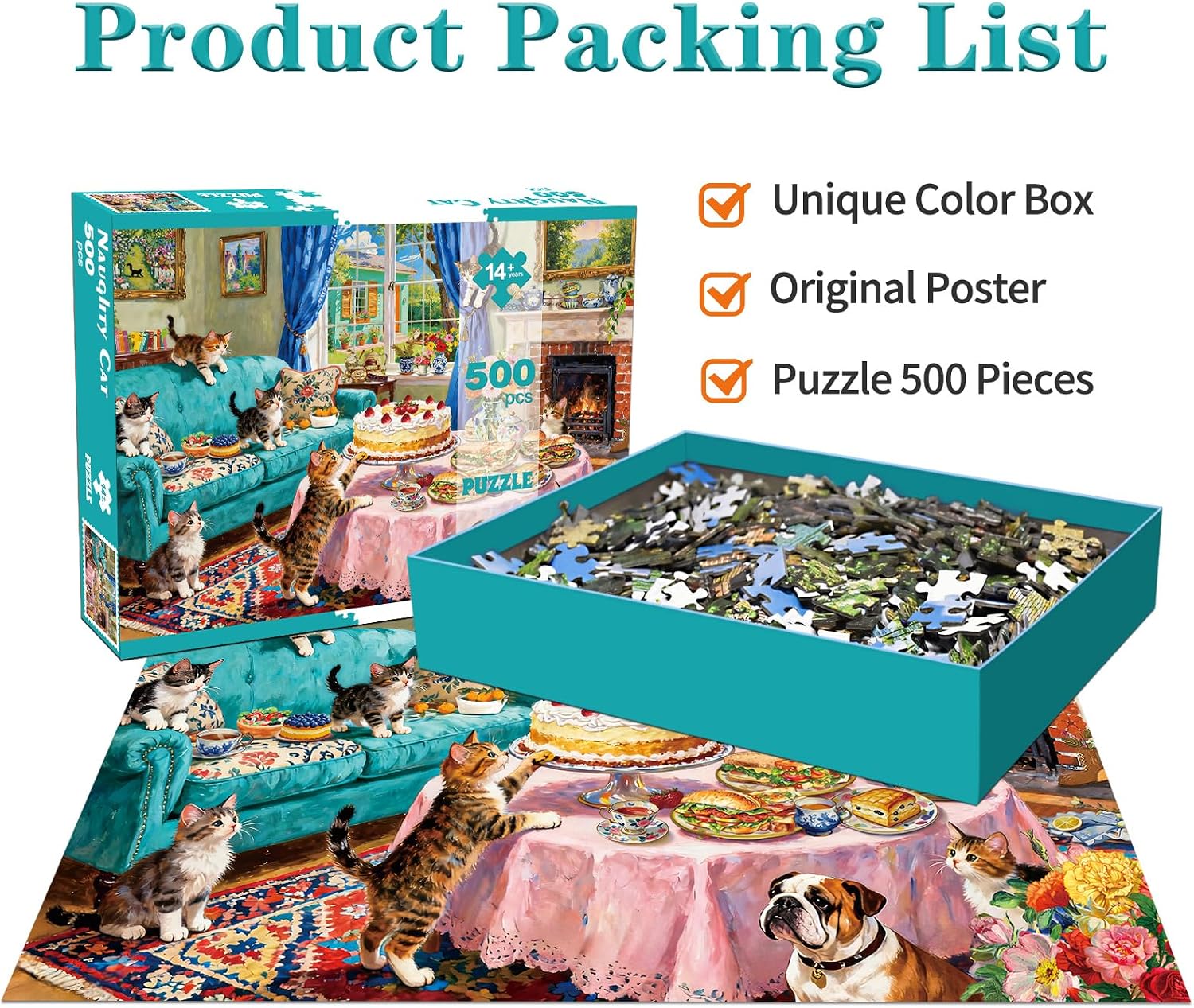Detalle de HUADADA 500-Piece Whimsical Tea Party Jigsaw Puzzle for Adults (Kitten Scene) with Poster Reference