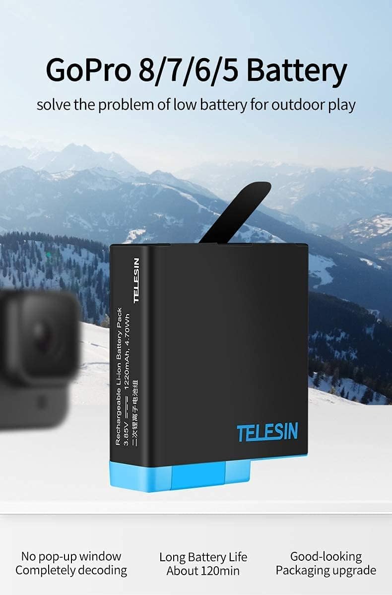 Thumbnail 1 de TELESIN 2er-Pack Akkus und 3-Kanal-USB-Akku-Schnellladegerät mit Typ-C-Kabel für GoPro Hero 8/7/6/5 – schwarz