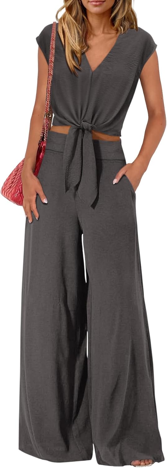 Detalle de PrettyGarden Women's Summer 2-Piece Set Cap Sleeve Crop Tops & Wide Leg Pants