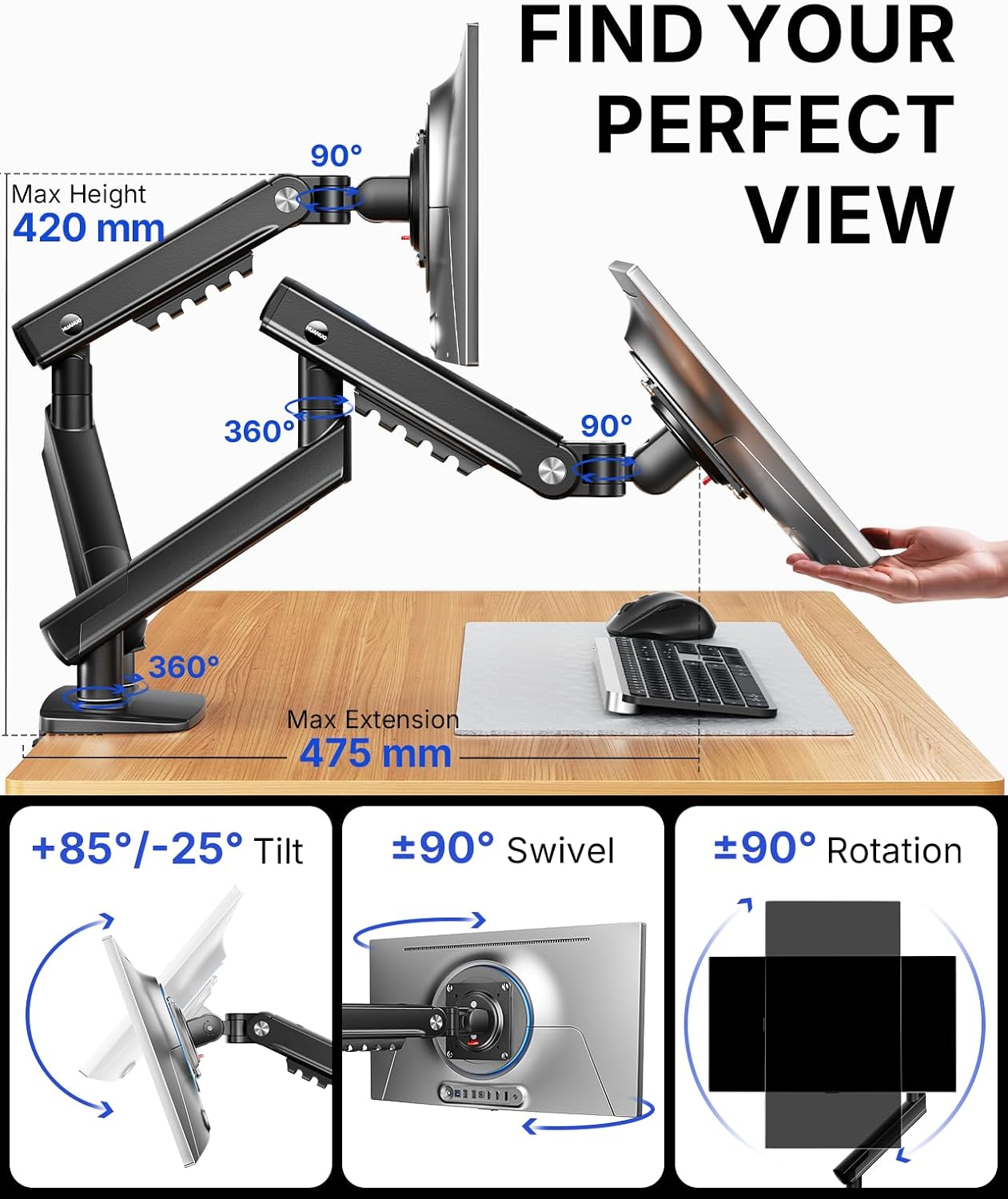 Thumbnail 6 de HUANUO FlowLift Pro Dual Monitor Arm for 13–32" Screens