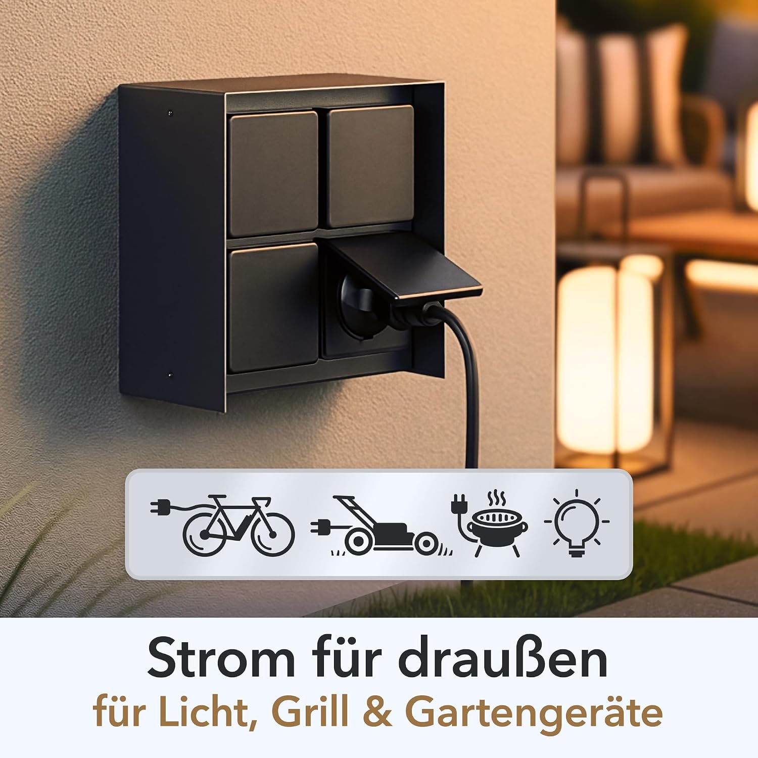 Detalle 2 de LEDscom.de Außensteckdose 4-fach STEDDA – IP44, Edelstahl schwarz quadratisch