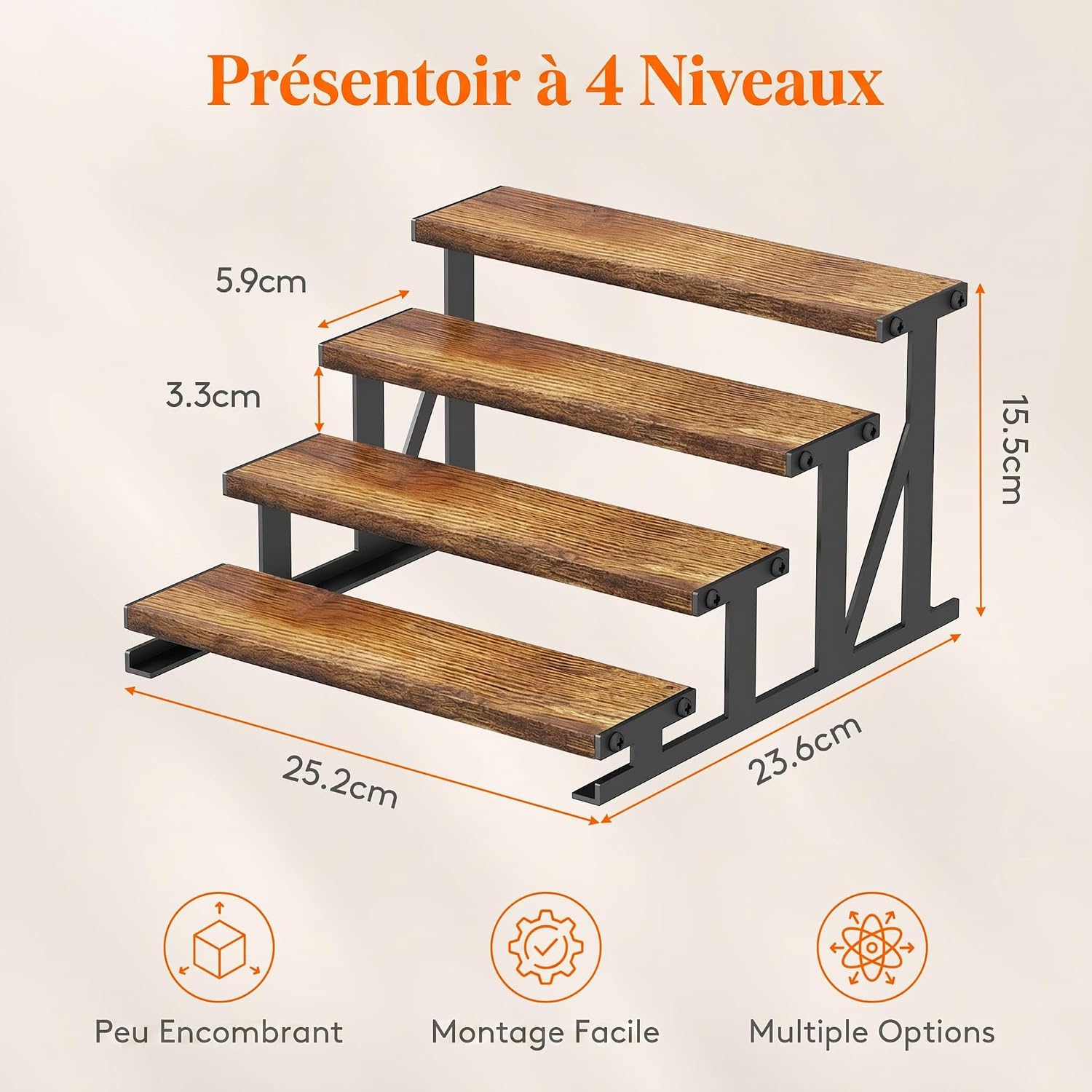 Detalle de Lifewit 24461 houten parfumrek met 4 etages, metalen frame en rustiek bruine planken