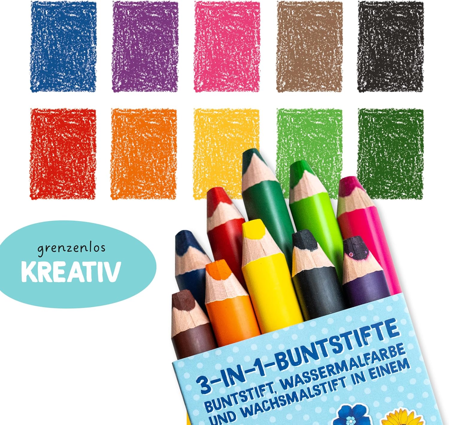 Detalle de Papierdrachen 3-in-1 Buntstifte mit Anspitzer – 10 Stifte, wasservermalbar, für Kita & Schule