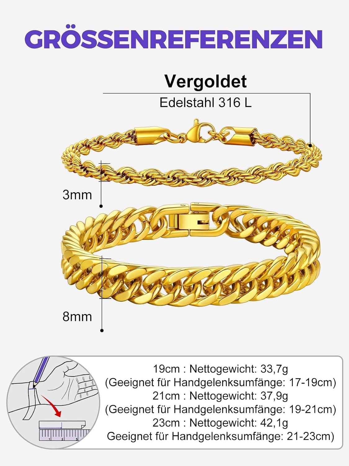 Detalle 2 de Richsteel Herren Edelstahl Armband-Set (2/3-teilig), stapelbar in Schwarz/Stahl/Gold – 9/8/4 mm, Längen 19/21/23 cm