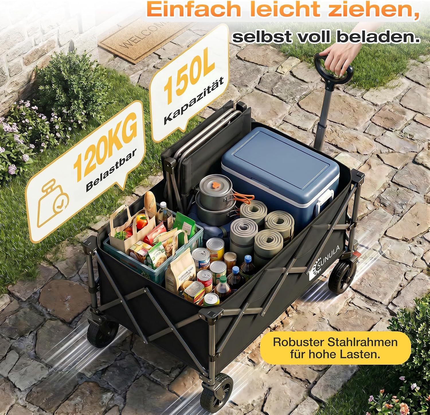 Thumbnail 3 de SUNULA Bollerwagen Faltbar Tragkraft 120KG – Klappbarer Handwagen mit EIN-klick-Handgriff, 4-seitig faltbar, Geländegängige Räder mit Bremsen, 150L, Schwarz