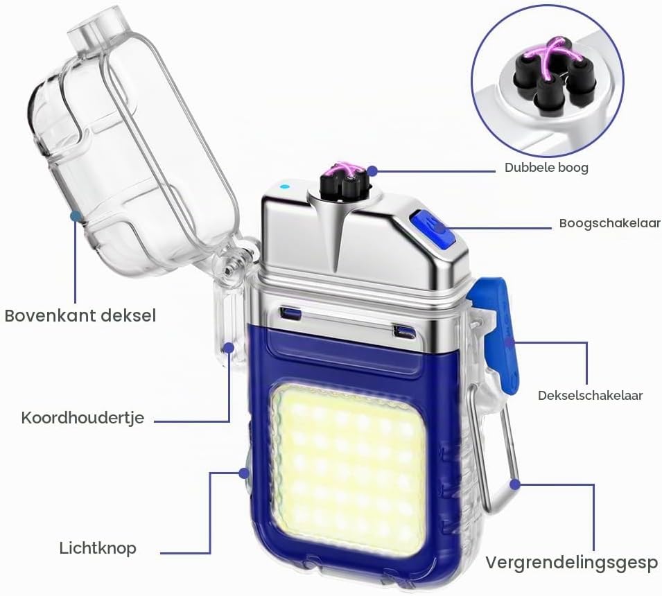 Detalle de Vicloon lichtboogaansteker met USB-C, zaklamp en noodfluitje, blauw