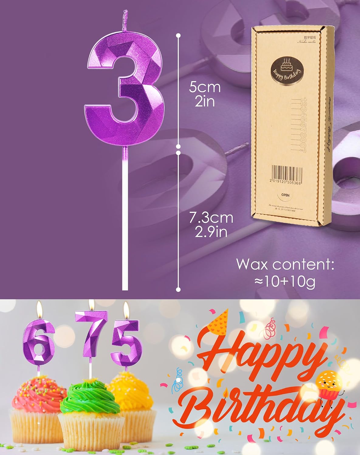 Detalle de Purple 20th Birthday Candles for Cake – 3D Number 20 Topper (Two Pieces)