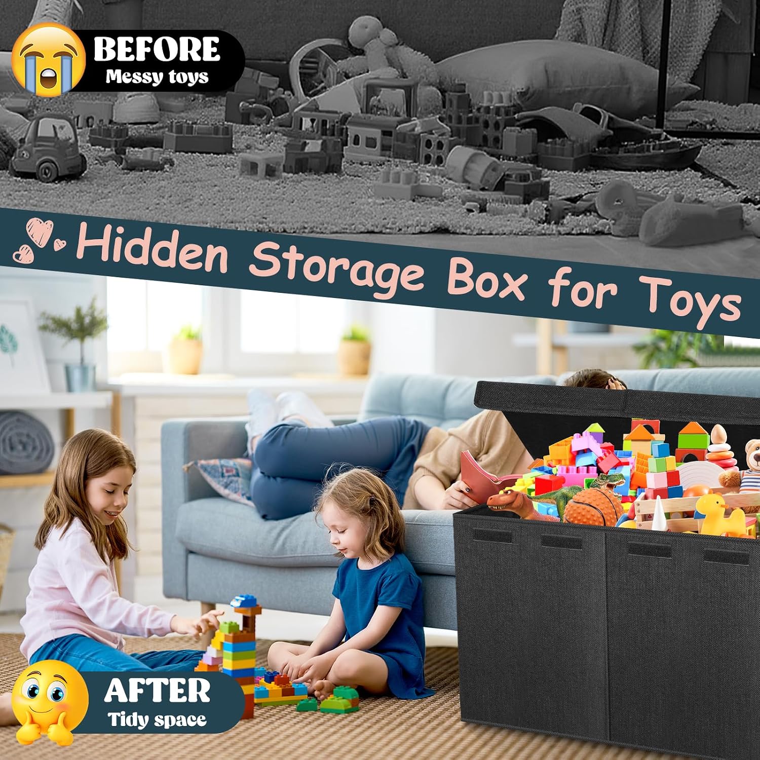 Thumbnail 6 de Rocamdo Extra Large Toy Box, 38" x 16" x 14", Black Linen with Lids