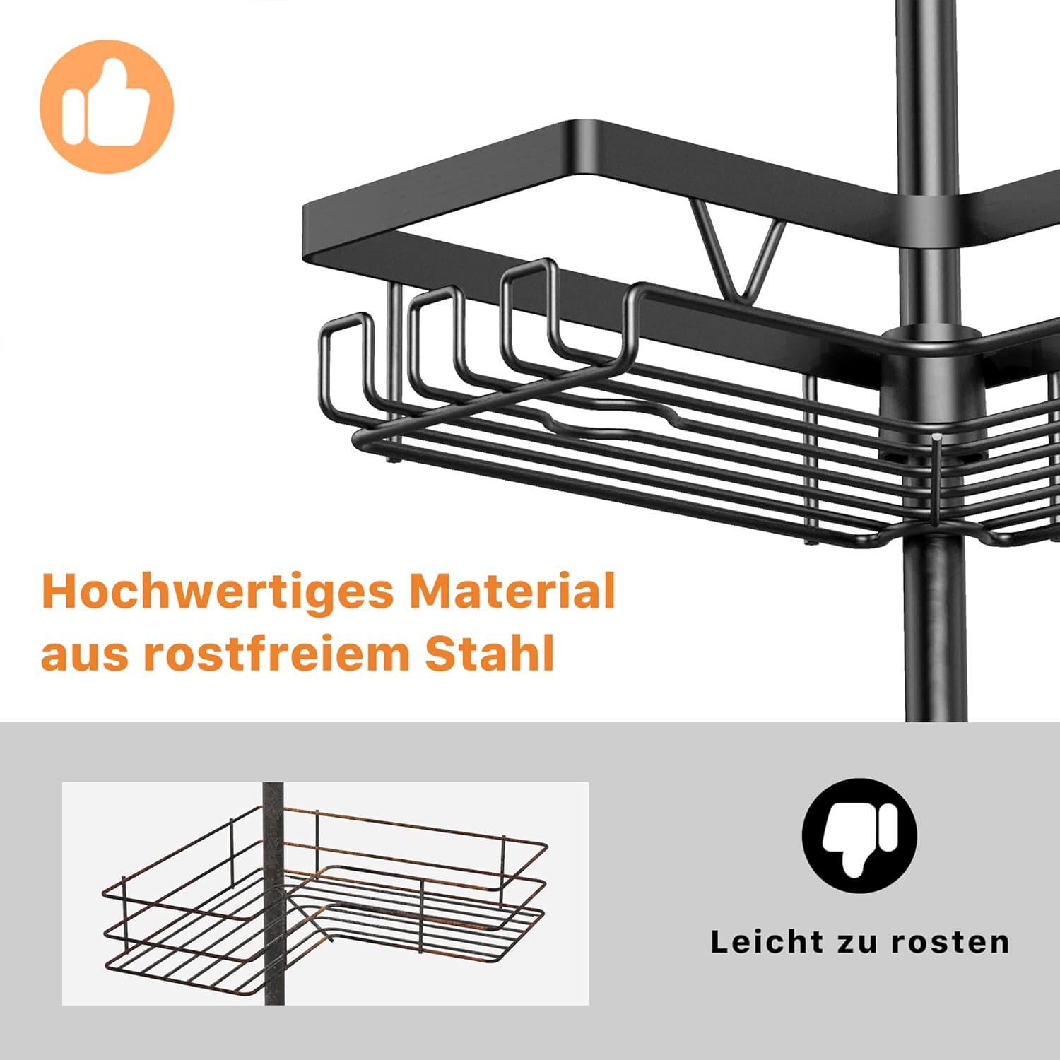 Detalle 2 de Kegii Teleskop Duschregal Ecke – höhenverstellbar, 6 Duschkörbe aus Edelstahl, kein Bohren