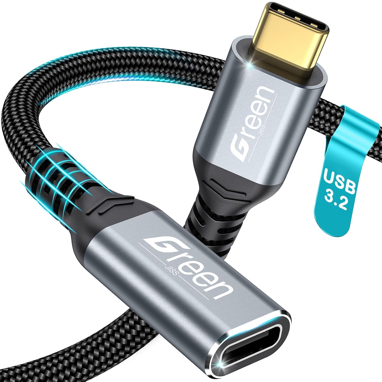 Detalle de Green Jiss USB C Extension Cable 5ft — 20Gbps, 4K@60Hz, 240W PD