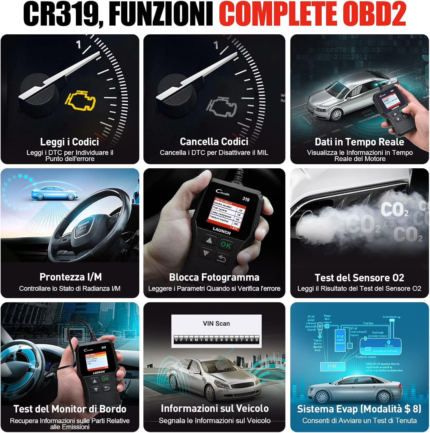 Detalle de LAUNCH CR319 OBD2 Scanner per diagnosi auto: lettore codici errore OBDII universale