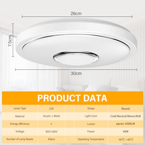 Detalle de OGVDOE Lámpara de Techo LED Regulable 48W con Bluetooth, RGB y Altavoz — Plafón Ø30 cm