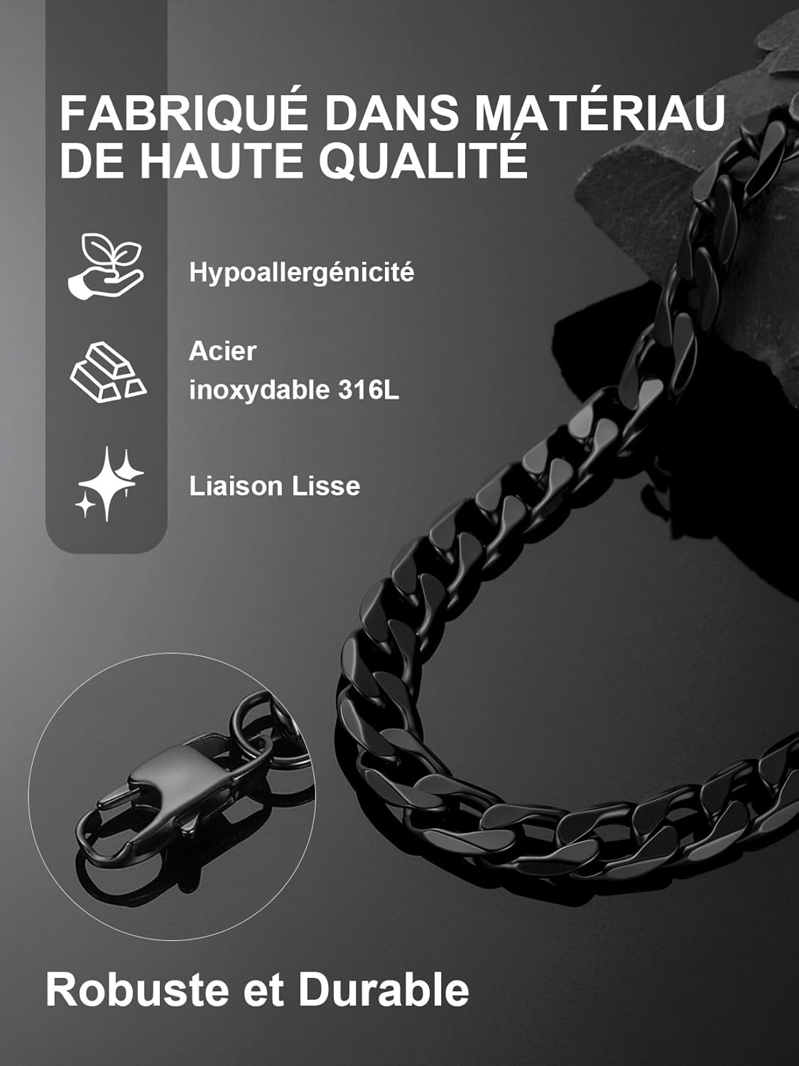 Thumbnail 2 de ChainsPro Collier chaîne cubaine Miami en acier inoxydable 316L (4/6/9/13 mm, 46–76 cm) argent/noir/or en coffret cadeau